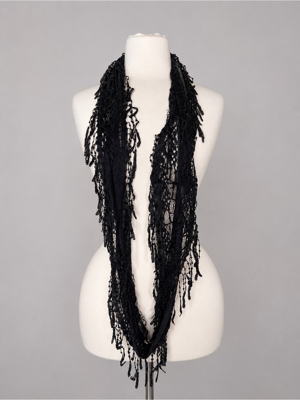 Black Lace Infinity Scarf Fringe Sheer Boho Gothic Festival Lightweight Wrap OS